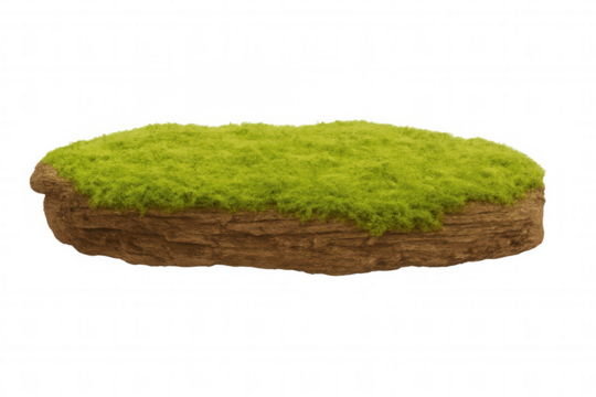 Land covered in lush moss, floating gracefully in the air against a transparent background, creating a surreal and magical atmosphere