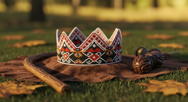 Ofala crown, regal beaded crown on plush cloth, traditional carved staff beside it, autumn leaves scattered on ground