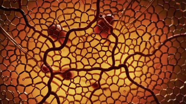 blood cells flowing through capillary network microscope view