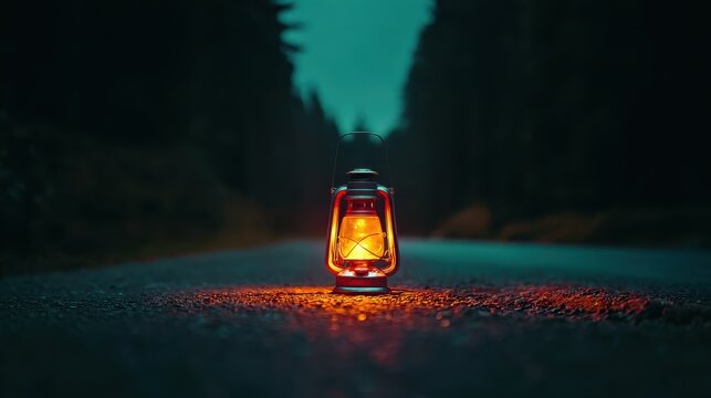 illuminated lantern in misty woods during nighttime, perfect for mystery concepts, journey themes, and eerie visuals
