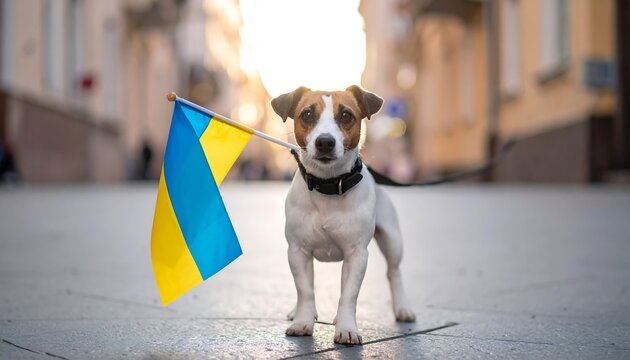 Dog with Ukrainian flag on a city street