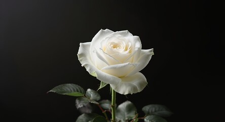 Fototapeta premium Single white rose on black background, elegant floral photography, romantic flower image, botanical close-up