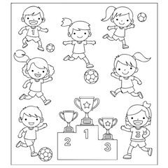 Illustration of happy children playing soccer around a winners podium with trophies in a playful sports scene