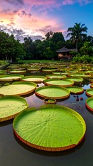 Fototapeta premium Lush lotus pond at sunset