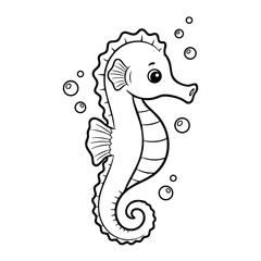 Fototapeta premium Black and white line drawing of a smiling seahorse surrounded by bubbles in a simple cartoon style