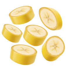 Six banana slices float in the air, displaying their yellow peels and star-shaped interiors. Isolated on a Transparent Background, PNG, Cutout
