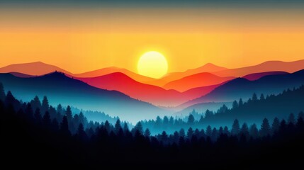 Obraz premium Sunrise illuminating minimalist wooded hills, perfect for calming concepts, spiritual themes, and peaceful visuals