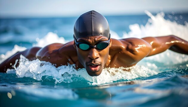 Determined African American man swimming butterfly stroke in the open ocean. - Powered by Adobe