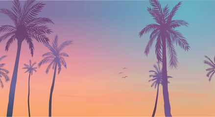 Concept 6 sunset with the palms tree on colourful background. Vector illustration	