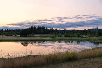 Wetland area with large still body of water reflecting some small tress in the distance, the cloudscape, and the changing colors of dusk in the sky. 