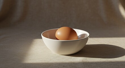 Brown Egg in White Bowl on Beige Fabric with Soft Lighting