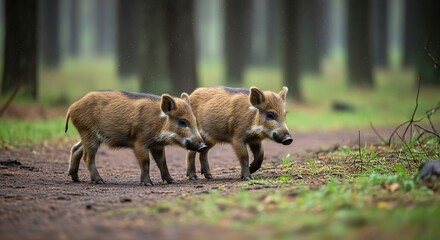 Two young wild boars walking through a forest on a misty day.