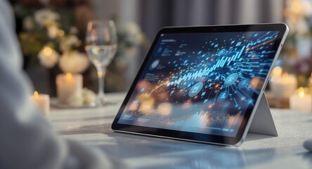 Tablet Displaying Data Analytics and Network Connections in a Cozy Setting