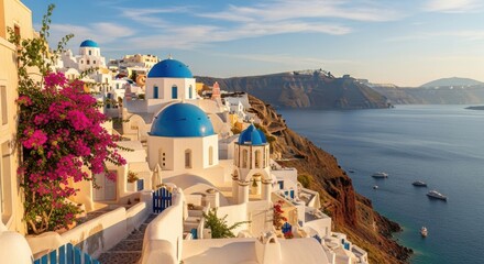 Obraz premium Picturesque Santorini Village with White Buildings and Blue Domed Churches