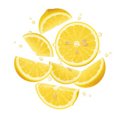 Sliced lemons arranged in a floating composition with small droplets, Isolated on a Transparent Background, PNG, Cutout