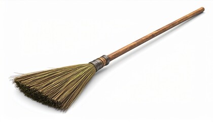 Old Fashioned Straw Broom with Wooden Handle on White Background for Dusting and Cleaning