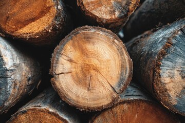 Close-up view of stacked tree logs