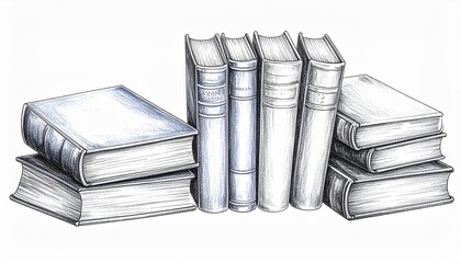 Pile of Classic Books with Detailed Pen Strokes in White Background