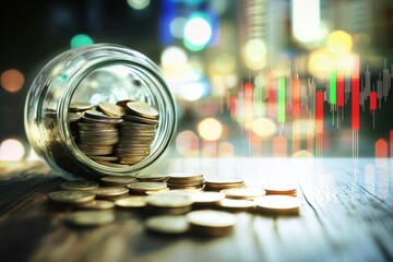 Glass jar filled coins wooden table is open handful of Russian rubles