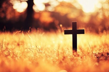 Close-up wooden cross middle field tall grass Christian abstract natural