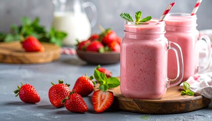 Pink strawberry smoothie in mason jars