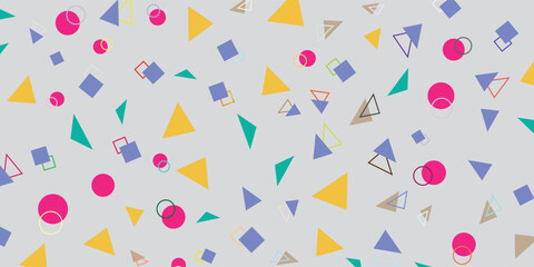 Vibrant abstract background with colorful geometric shapes including triangles, squares, and circles. A playful seamless pattern perfect for modern design and decoration.