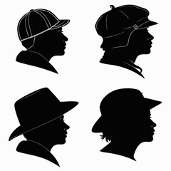 Four black silhouette profile views of children wearing different hats against a white background