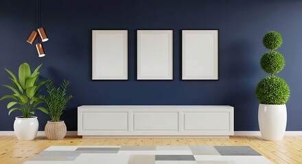 Modern living room with three empty frames, cabinet, plants and carpet on wooden floor