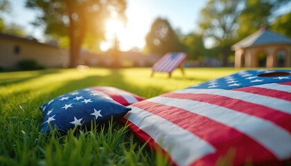 American flag cornhole boards, bean bags lay on green grass. Sunny day illuminates outdoor game set. Red, white, blue colors are prominent. This setup suggests backyard party or celebration event.