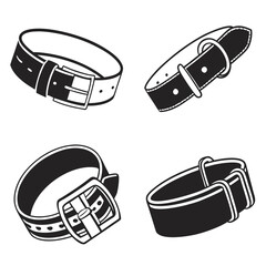 Collection of four distinct black and white stylized drawings of various belts and collars