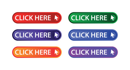 Click Here Buttons, Colorful Rounded Web Icons, Vector UI Elements with Cursor Arrow, Multicolor Horizontal Call to Action Graphics