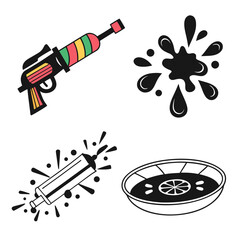 Colorful water gun and black ink splatters water gun firing and bowl of colored liquid for holi festival celebration