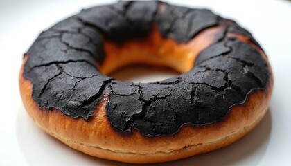 Burnt bagel on white background, representing food waste concept. Partially charred bread with cracked dark crust, golden brown base. Ideal for articles on baking mishaps, dietary failures, cooking