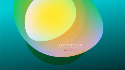 Abstract fluid shapes blend, creating vibrant color gradients. Yellow, green, purple hues dominate dark background. Modern design element.