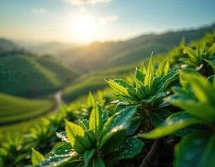 Fototapeta premium Vibrant green coffee plants unfurl in rich, rolling landscape at sunrise. Dew drops glisten on leaves. Sunlight illuminates scenic hillside plantation, highlighting natural growth, healthy vegetation.