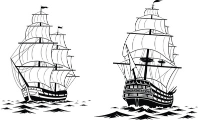 Vintage tall sailing ships on ocean waves, historical nautical vessels with full sails, detailed vector illustrations of classic maritime ships