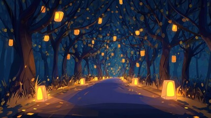 Forest trail with illuminated lanterns in fog, perfect for mystery concepts, journey themes, and dramatic visuals