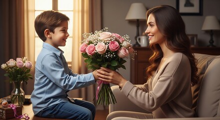 A child giving flowers to a woman, mothers day, family love, romantic gift, bouquet of roses