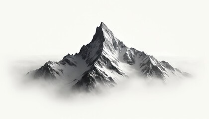 Minimalist black, white illustration of majestic snow-capped mountain range rising above soft white clouds. Dramatic peaks create sharp, clean silhouette against bright background, nature, adventure,