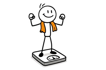 Cartoon stickman standing on weight scale fitness concept