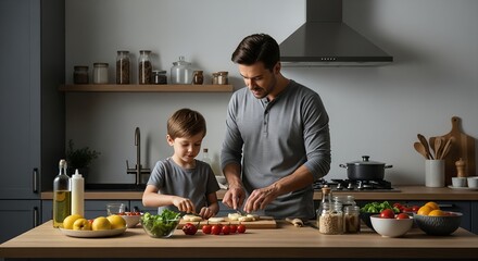 Adult and child preparing food together in a modern kitchen