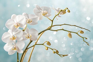AI generated image of crystalline white orchids with gilded branches on pale cerulean gradient background