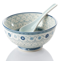 An isolated wooden bowl with a spoon is an empty kitchen object