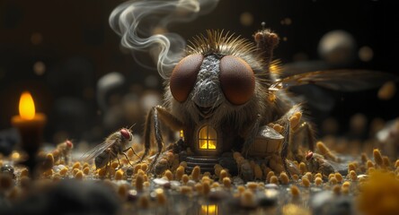 Anthropomorphic Fly with Tiny House in Fantasy Setting, 3D Render, Insect Macro, Close Up, Imaginative Scene, Surreal Art, Fairytale Illustration, Digital Art, Fantasy World, Magical Creatures, W