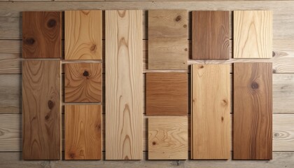 Collection of diverse wooden planks, wood textures arranged in stylish mood board. Features natural grain patterns, knot details, varied brown shades from light to dark timber. Materials suitable for