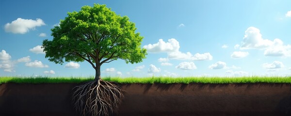 Solitary tree with exposed roots in fertile soil under a bright blue sky. Rich green grass covers the ground above. Clear view of the tree, its expansive root system, and the earth below.