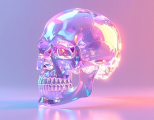 3D Crystal Skull Glowing with Pastel Light on Minimal Background. Crystal skull glowing with soft pastel light, isolated on empty background, surreal and symbolic artwork.