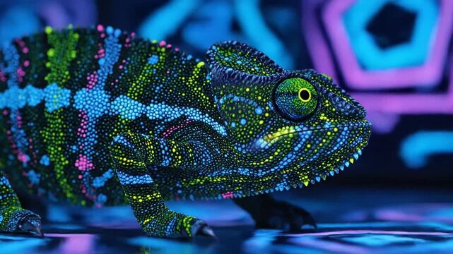 Vibrant fluorescent chameleon under ultraviolet light.