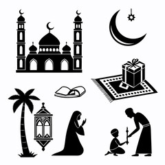 Collection of islamic cultural symbols including mosque crescent moon prayer rug gift lantern palm tree praying figures and a book