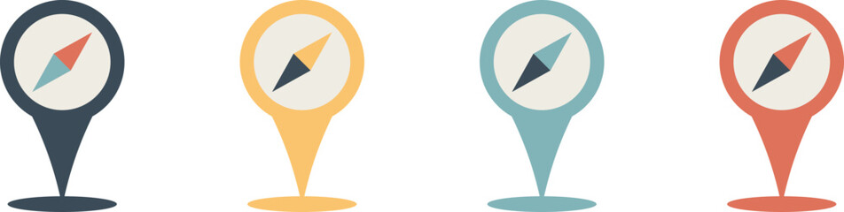 Location symbol and map pin icons with compass needle for GPS navigation